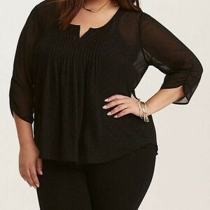 Torrid Black w/ Blue Polka Dot Print Chiffon Pintuck Top Size 1